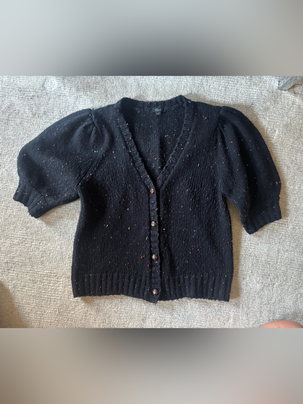 Anthropologie Rails Womens Black Speckled Puff Sleeve Cardigan Sweater